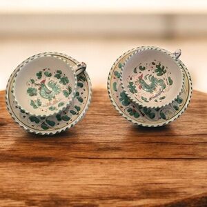 Deruta Orvieto Green Rooster footed Teacup/saucer set of 2